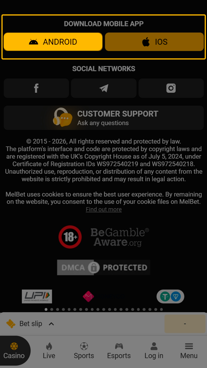 Locate the Android download section on Melbet site.