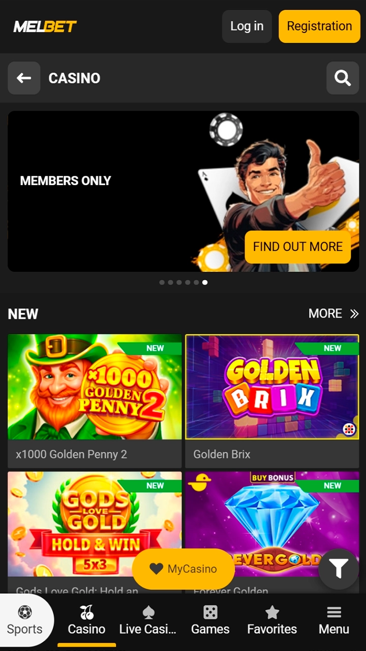 Online casino games and slots on Melbet app.