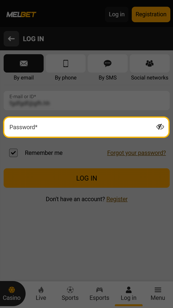 Entering a secure password for Melbet account verification.