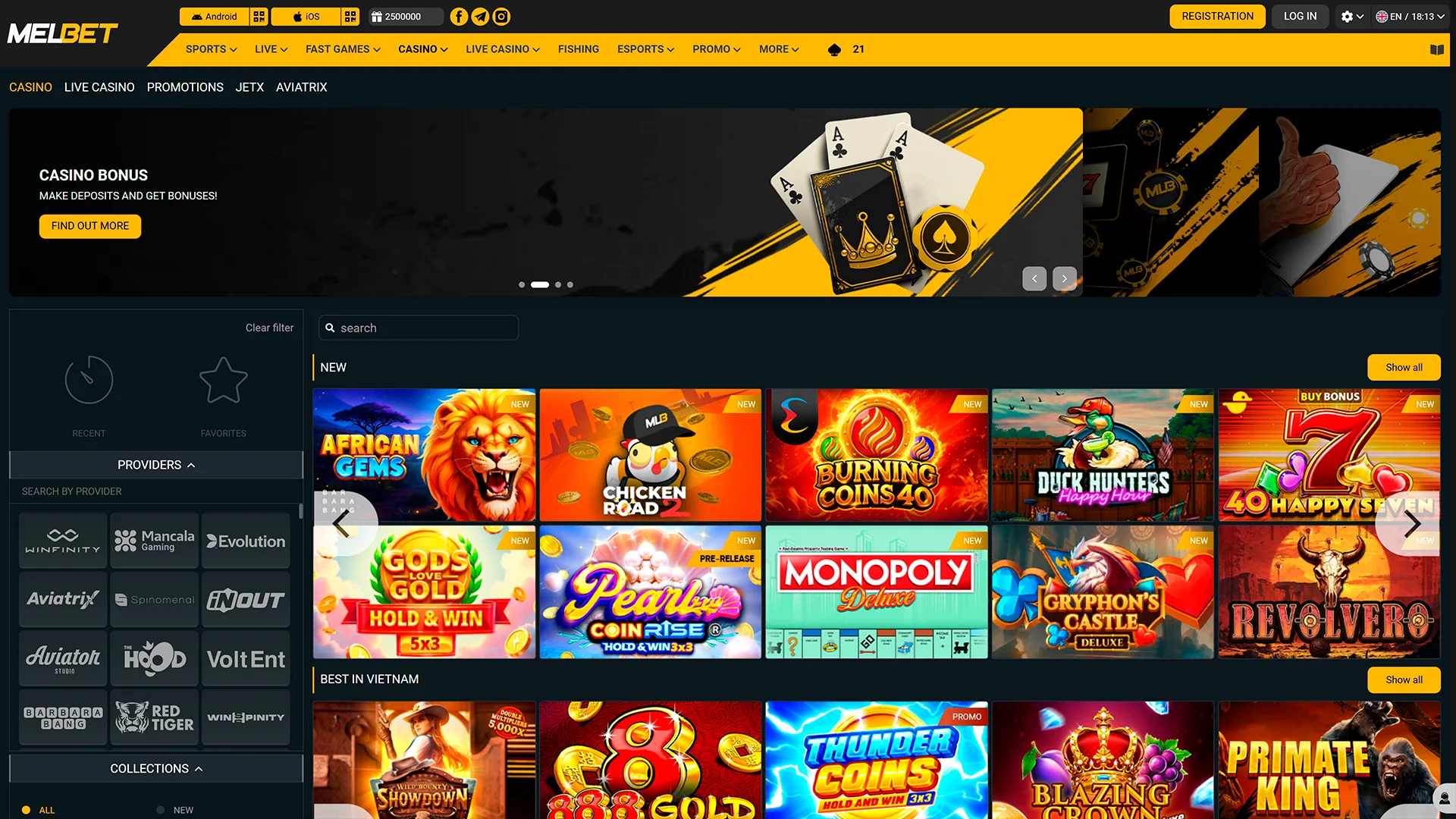 Wide selection of online casino games available on Melbet.