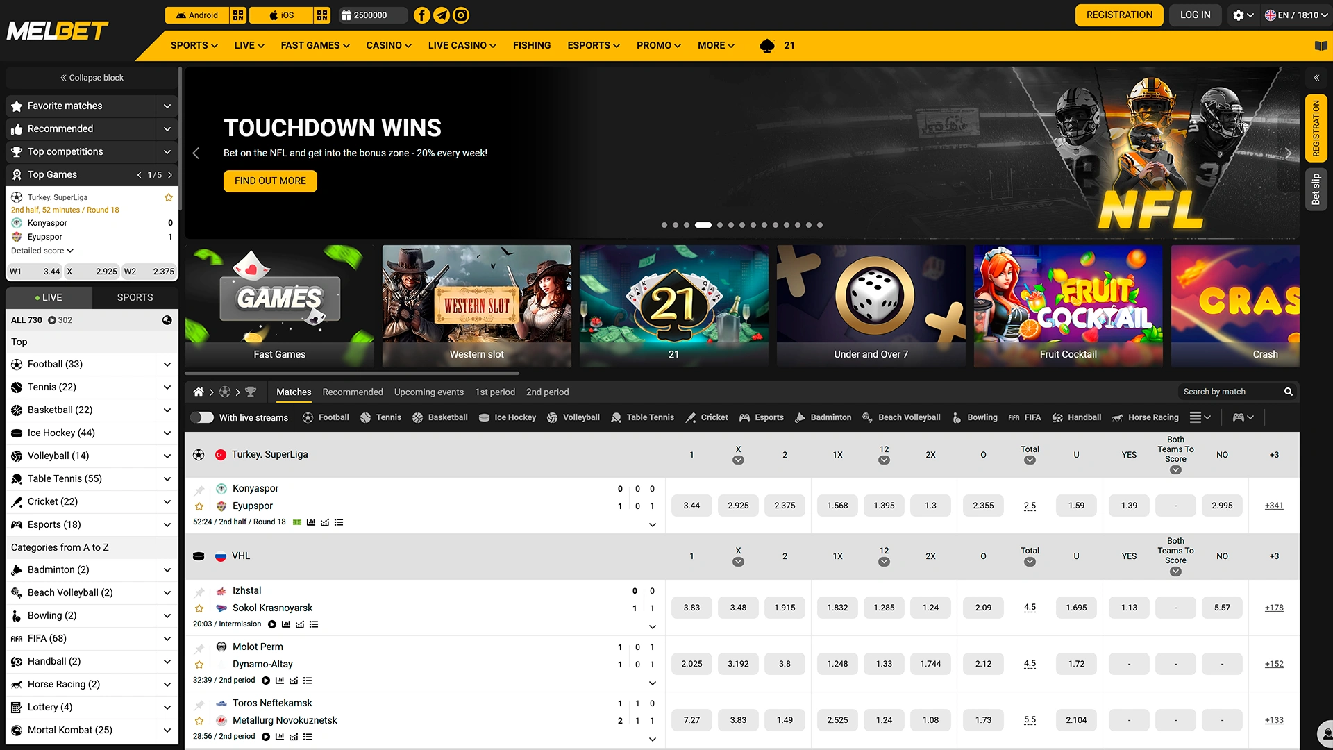 Main interface and homepage overview of the Melbet website.
