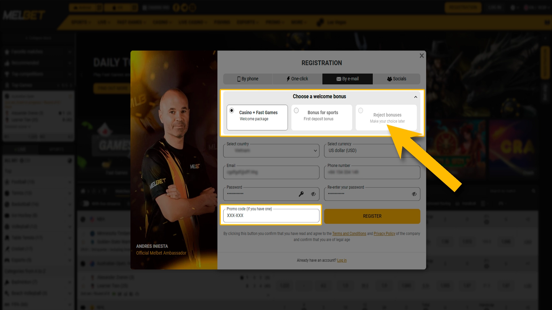 Apply your Melbet promo code to claim a starting bonus.