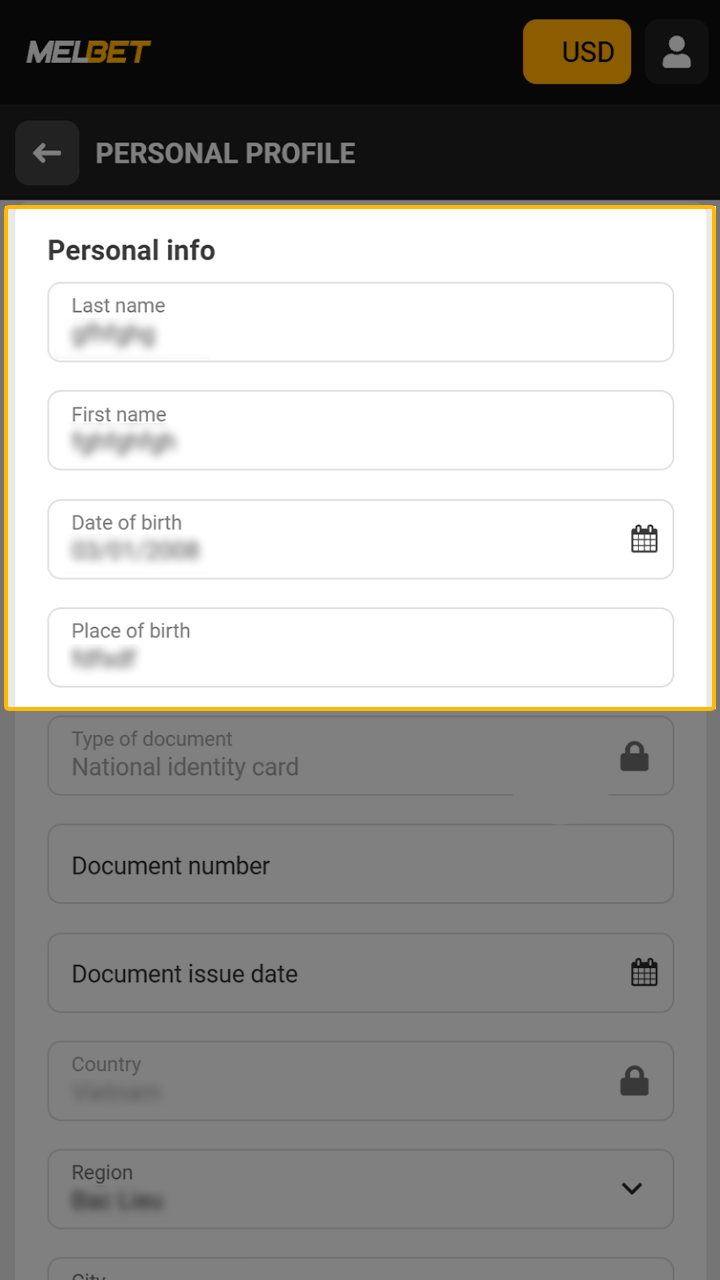 Fill out the Melbet user profile with accurate personal data.
