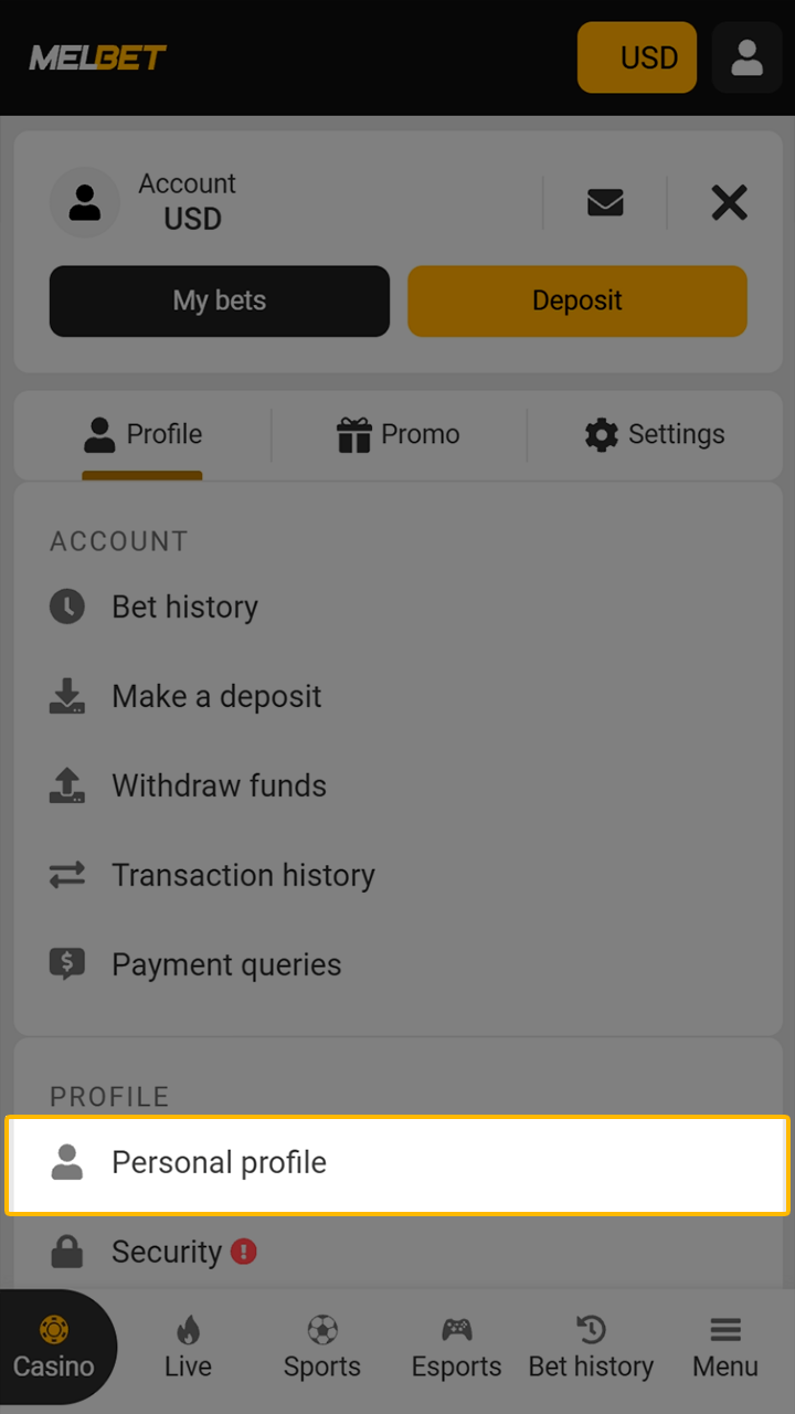 Navigate to your personal profile settings in Melbet account.
